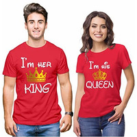 Hangout Hub Hangout-Hub850$P Couple T Shirts For Couples | Printed I Am Her King His Queen-Gc (Red;Men L, Women M) T-Shirt For Men Women Couples (Set Of 2 | Regulat Fit | Cotton)