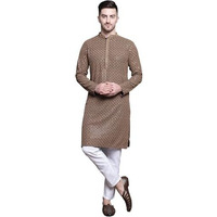 Jompers Mens Sequin Embroidered Pure Cotton Kurta With Pyjamas (Brown, M)