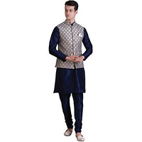 Ethluxis Men's Silk Blend Solid Navy Kurta Pyjama Set With Bundi Nehru Jacket Waistcoat (38, Navy/Grey)