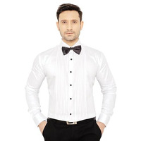 Globalrang Men's Slim Fit Formal White Satin Cotton Classic Tuxedo Dress Shirt With Bow Tie And Long Sleeve-M