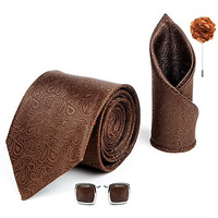 Axlon Mens Plaid Paisley Silk Necktie Gift Set With Pocket Square Cufflinks & Brooch Pin Tie For Men Formal With Leatherite Box (Brown Jcbnrx Free Size)