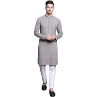 Jompers Men's Sequin Embroidered Pure Cotton Kurta With Pyjamas (Grey, L)