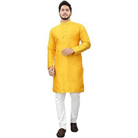 Baghadbillo Men's Jcard Straight Kurta (Jcard Kurta Yellow -38)