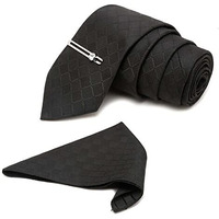 Louis Stitch Mens Sable Black Italian Silk Necktie Set Incl Pocket Square Chrome Tiepin American Style Formal Tie Gift Set For Men (Tecpbl011)