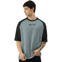 Maniac Mens Printed Round Neck Raglan Half Sleeve Light Grey And Black Cotton Oversized Tshirt