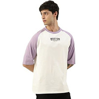 Maniac Mens Printed Round Neck Raglan Half Sleeve White And Purple Cotton Oversized Tshirt