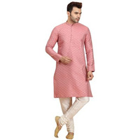 Ethluxis Men's Silk Blend Embroidered Kurta With White Churidar Set (42, Dark Pink)