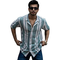 Maniac Mens Striped Collar Neck Half Sleeve Jacquard Oversized Shirt Green