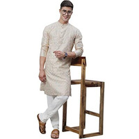 Sojanya (Since 1958 Men's Silk Blend Cream Kurta With Multi Color Embroidery