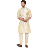 Kraft India Men's Stylish Silk Solid Kurta With Churidar & Nehru Jacket Set (Color-Fawn With Cream, Size-42)