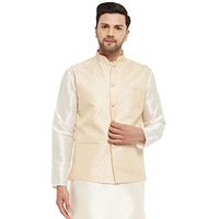 Vastramay Vm Mens Silk Blend Cream Nehru Jacket - Timeless Style & Versatility | Banarasi Brocade Woven Jaquard Modi Jacket | Ethnic Sleeveless Coat For Formal & Casual Wear_Vasmj005Cr_40