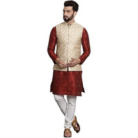 Sojanya (Since 1958 Men's Silk Blend Maroon Kurta & Cream Pyjama With Beige Embroiderd Nehrujacket