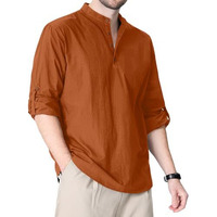 Zombom Cotton Blend Solid Casual Regular Fit Mandarin/Chinese Collor Short Kurta Shirt For Men Brown