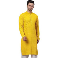 Jompers Men's Chikankari Embroidered And Sequence Kurtas (Yellow, M)