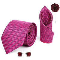 Axlon Mens Plaid Dotted Silk Necktie Gift Set With Pocket Square Cufflinks & Brooch Pin Tie For Men Formal With Leatherite Box (Dark Purple A9Plrx Free Size)