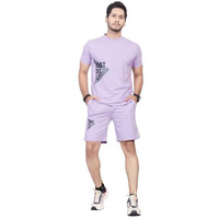Hoodmastar Men's Cotton Printed Night Suit Set Of Top & Shorts Light Purple