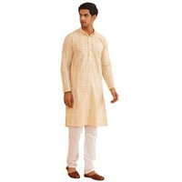 Sojanya (Since 1958 Men's Cotton Gold Sequence Embroidered Beige Kurta With White Churidaar Pyjama