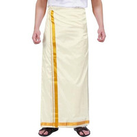 Prakasam Cotton Mens Blended Silk Type Jari Dhoti/Double Dhoti 1.28 X 3.60 Meter / 8 Mulam Vesti (Cream-3In-004)