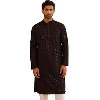 Sojanya (Since 1958 Men's Cotton Contrast Embroidered Sequinned Coffee Brown Long Kurta Size 38