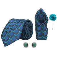 Axlon Men's 3D Micro Wooven Silk Necktie Gift Set With Pocket Square Cufflinks & Brooch Pin Tie For Men Formal Tie Set With Box (Pack Of 4) (Ax11_15, Peacock Blue)