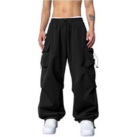 Maniac Mens Solid Side Pockets Black Nylon Fabric Baggy Fit Mid Rise Cargo Pant, Large