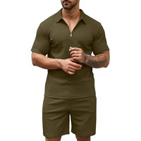 Vogaan Men's Polo Shirt And Shorts Set | Summer Fashion Short Sleeve Solid Zipper 2 Pieces Outfits For Men (Olive_M)