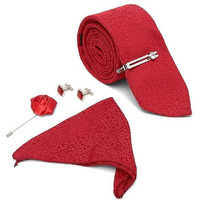 Louis Stitch Mens Floral Red Italian Silk Necktie Set With Pocket Square Cufflinks Brooch Tie (Suit Accessories) (Czech_Te)
