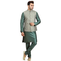 Ethluxis Silk Blend Men Floral Kurta Pyjama Jacket Set (38, Bottle Green)