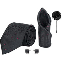 Axlon Men's Paisley Micro Wooven Silk Necktie Gift Set With Pocket Square Cufflinks & Brooch Pin Tie For Men Formal Tie Set With Box (Pack Of 4) (Ax11_2, Black)