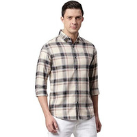 Dennis Lingo Men's Checkered Cream Slim Fit Casual Shirt With Spread Collar (Medium)