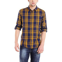 Dennis Lingo Men's Cotton Mustard Checkered Slim Fit Full Sleeves Spread Collar Casual Shirt