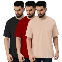 Veirdo Pure Cotton Black, Maroon & Swan White Oversized Fit Half Sleeve Solid Round Neck T-Shirt For Men (Pack Of 3) (Po3_Os_Bk_Mr_Sw_M)