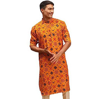 Vastramay Men's Yellow Cotton Blend Kurta | Longline Pathani Style Rayon Printed | Kurta For Festivals - Stylish, Comfortable - Perfect For Celebrations And Cultural Events, Navratri & Diwali