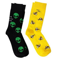 Thela Gaadi Alien & Honey Bee Printed Socks | Pure Cotton Printed Funky Socks For Men & Women | Unisex, Crew Length Socks | Odour Free, Breathable, Adaptive Fit | Pack Of 2