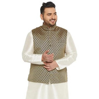 Vastramay Plus Men's Black And Gold Silk Blend Nehru Jacket_Vplusmjbl005_54