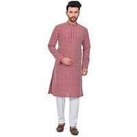 Be Active Cotton Men's Embroidered Lucknowi Red Kurta Set || Men Kurta Pajama || Men Kurta Pajama Set || Kurta Pajama For Men (Rfsk0013 10 Set L)