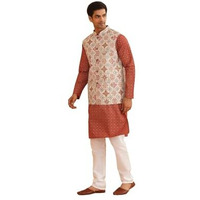 Sojanya (Since 1958 Men's Cotton Linen Maroon Kurta And White Pyjama With Cream Cotton Nehru Jacket