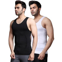 Ff Slim Fit Tummy Tucker Vest For Men Gynecomastia Compression Shirts Belly Slimmer For Men Shapewear Stretchable Undershirt Vest  Pack Of 2  Black & White - Medium