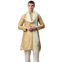 Weavers Villa Poly Silk Cream Striped Ethnic Woven Dupatta For Men (2.20 Mtrs)