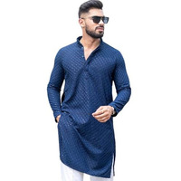 Lazzly Men's Cotton Embroidery Chikankari Design Mirror Work Straight For Men Only Kurta (Large, Blue)