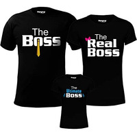 Hangout Hub Hh100 Men's Women's & Boy's Round Neck T Shirt The Boss The Real Boss (Black;Men Xxl;Women Xxl;Boys 0-2 Yrs) Set Of 3 Family T-Shirts