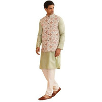 Sojanya (Since 1958 Men's Silk Blend Self Design Pista Green Kurta With Pyjama & Cream Nehru Jacket