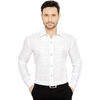 Globalrang Men's Regtular Fit Formal White Checks Shirt With Long Sleeve And Spread Collar-Xxl