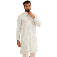Sojanya (Since 1958 Men's Cotton Gold Sequinned Embroidered White & Green Long Kurta