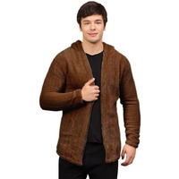 Ben Martin Men's Hooded Cardigan Full Sleeve Fleece Brown Shawl Collar Shrug Open Front Drape Cape Overcoat With Pockets Size Extra Large