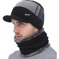 Alexvyan 1 Set Hat Style Soft Cap And Scarf Warm Snow And Air Proof Fleece Knitted Hat (Inside Fur) Woolen Beanie Winter Cap With Scarf For Men Boy Male (Black)
