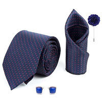 Rizoro Mens Plaid Dotted Silk Necktie Gift Set With Pocket Square Cufflinks & Brooch Pin Formal Tie With Leatherite Box (Blue-Red D1Brrx Free Size)