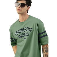 Maniac Mens Printed Round Neck Half Sleeve Hunter Green And Navy Cotton Oversized T-Shirt