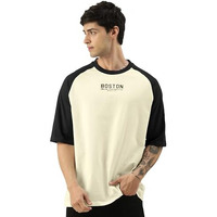 Maniac||Mens||Printed||Round Neck||Raglan||Half Sleeve||Beige & Black||Cotton||Oversized||Tshirt