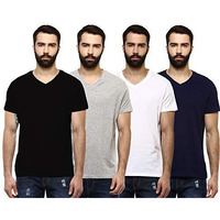 American Crew Men's Cotton Solid Regular Fit Half Sleeve V-Neck T-Shirt (Black, Navy, White And Grey Melange, Medium) - Pack Of 4